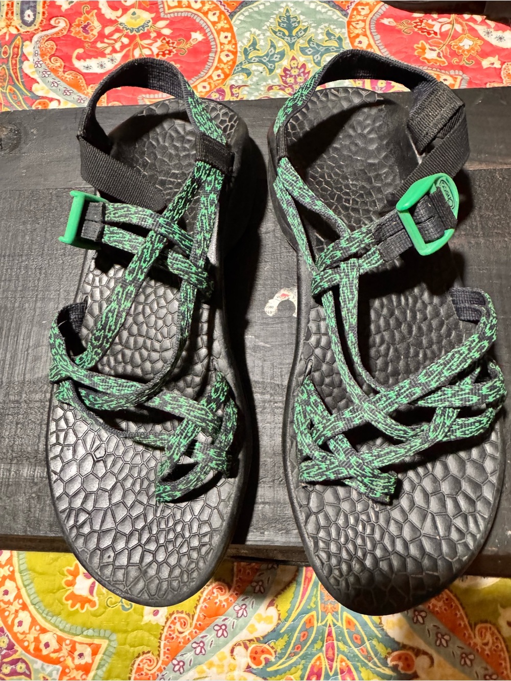 Chaco Black Sandal with Navy and Green Patterned Straps